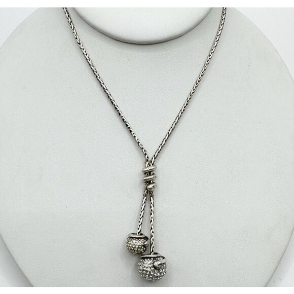 Brighton Twisted Pave Crystal Ball Lariat Statement Necklace Silver Plated